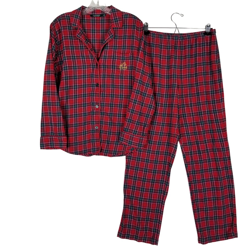 Lauren Ralph Lauren Pajama Set Womens Medium Red Plaid Cotton Monogram 2-Piece